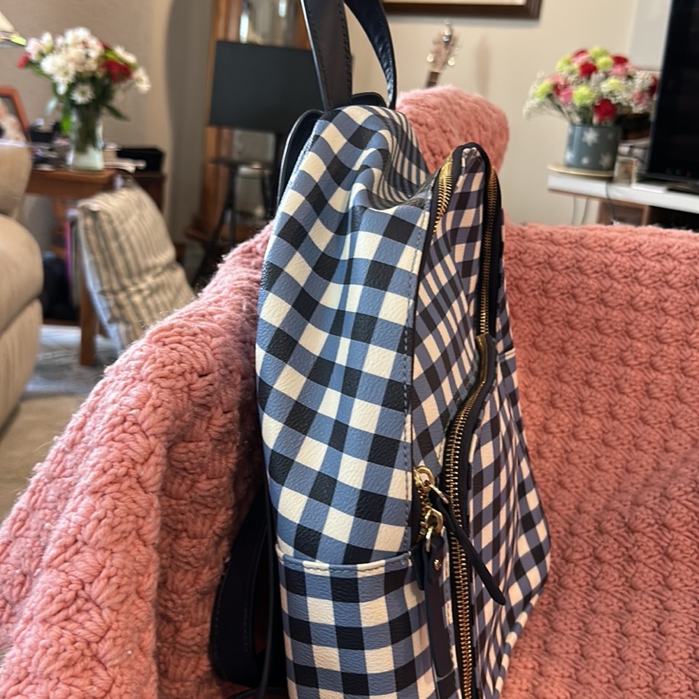 Kate Spade, large blue and white checkered backpack with extra front zipper part - Picture 4 of 9